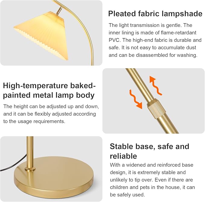 Adjustable Floor Lamp for Living Room, 61"-68" Tall Standing Lamp with Pleated Shade, Modern Gold Floor Lamp with 9W LED Dimmable 3-Color (3000K/4500K/6000K), Reading Corner Lamp for Bedroom Office
