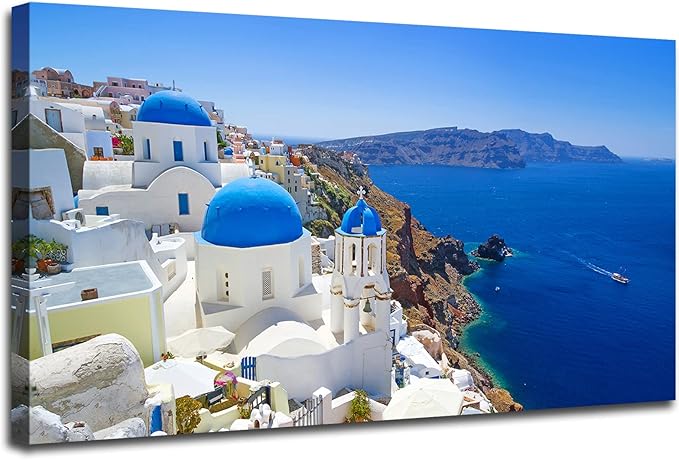 Large Canvas Print Wall Art Santorini in Greece Painting Wall Decor, Blue Coastal Landscape Artwork Seascape Pictures for Living Room, Bedroom, Office Decoration - 20"x40"