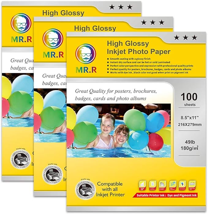 MR.R Single Side High Glossy Inkjet Photo Paper,180gsm 49lb,8.5''x11" with 100 sheets per pack