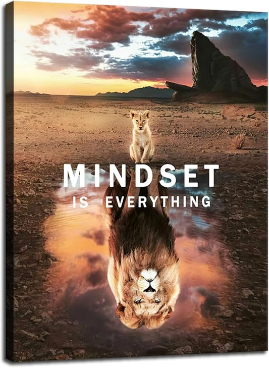 Motivational Wall Art Small Cat Big Lions Mindset is Everything Poster Inspirational Canvas Painting Prints Wall Pictures for Bedroom Home Decor Office Framed Artwork[18" W x 24" H]