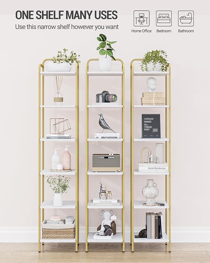 Bookcase Bookshelf, 6-Tier Narrow Book Shelf, Industrial Coner Shelf Storage Organizer, Slim Shelving Unit for Home Office, Living Room, Bedroom, Kitchen, White Gold BC24613G