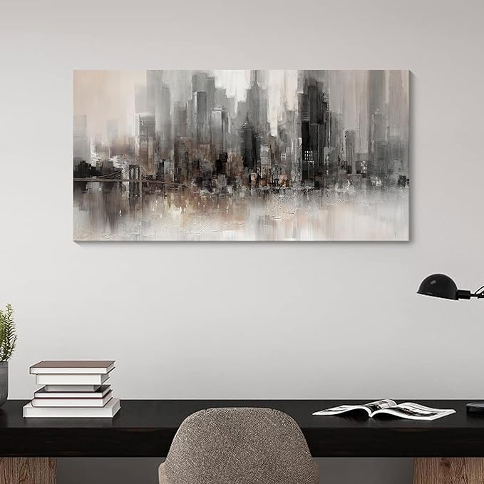Nyc Skyline Painting Wall Art Grey Buildings Picture for Living Room Modern Home Bedroom Decoration Black and White and Brown Framed Artwork Decor 20X40