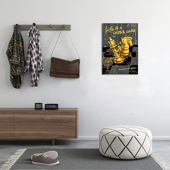 Inspirational Wall Art - Black Gold Chess Canvas Painting Motivational Wall Decor LIFE IS A CHESS GAME Quotes Poster Positive Artwork for Office Living Room Bedroom Home Decoration, Framed 12"x 16"