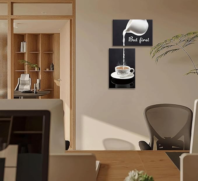 2pc Coffee Bar Wall Art Decor But First Coffee Sign Posters Prints Kitchen Dining Room Canvas Poster Wall Decor Modern Home Pictures Artwork for Bedroom Living Room Painting framed