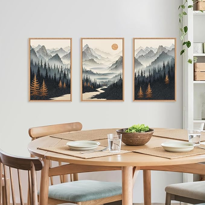 Ausril Watercolor Misty Forest Framed Canvas Wall Art Set, Foggy Mountain Wall Decor, Misty Pine Tree Wall Painting, Large Nature Landscape Art Prints for Living Room, Bedroom, Office - 24"X36"X3