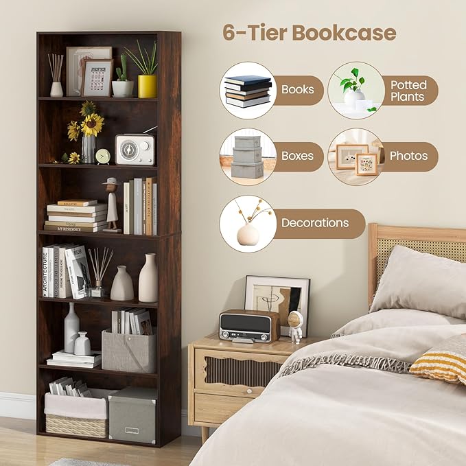 Giantex 6-Tier Bookcases Set of 2, 70" Tall Wooden Bookshelf, Freestanding Storage Organizer w/Open Shelves, Anti-Tipping Kits, Modern Floor Standing Display Shelves for Living Room, Rustic Brown