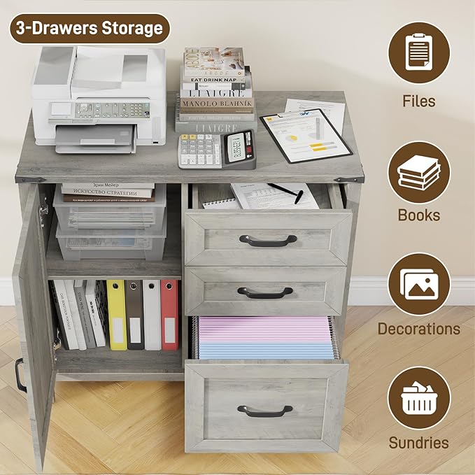 Lateral File Cabinet with 3 Drawers, Farmhouse File Cabinet for Letter/A4 Size Hanging Files, Large Wood File Storage Cabinets Printer Stand for Home Office Furniture, Grey