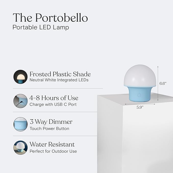Brightech Portobello Cordless 7" Touch Table Lamp - Small Dimmable Outdoor Mushroom Light for Camping & Side Tables - Modern Rechargeable Portable Bedside Light for Desk Bedroom, Nightstand - Blue