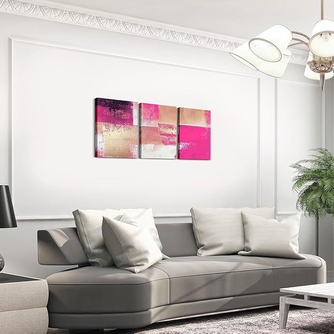 jejeloiu 12"x16"x3pcs Abstract Oil Painting Office Decorations Artwork Posters Abstract Art 3 Piece Canvas Wall Art for Living Room Bedroom Hot Pink Modern Picture Wall Decor