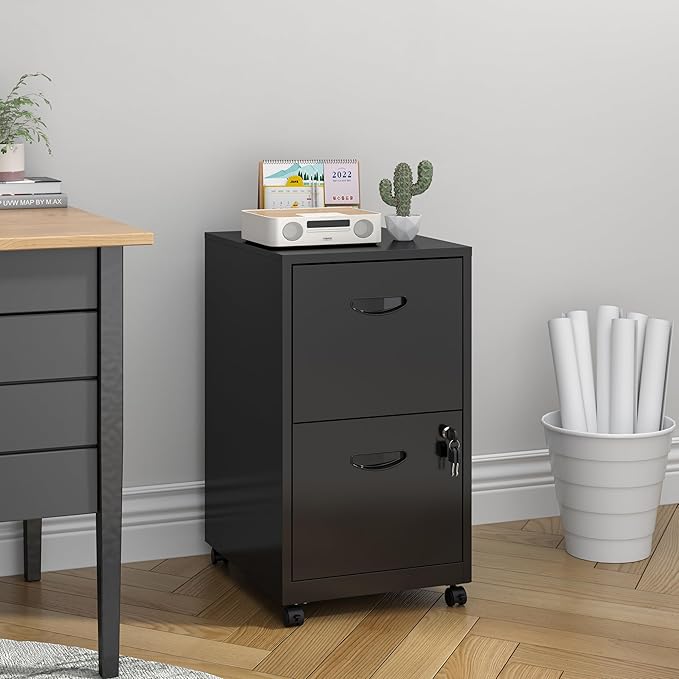 2 Drawer File Cabinet with Lock, Filing Cabinets with Wheels, Rolling File Cabinets for Home Office, Metal Office File Cabinet, for Holding Letters and File Boxes, Assembly Required, Black