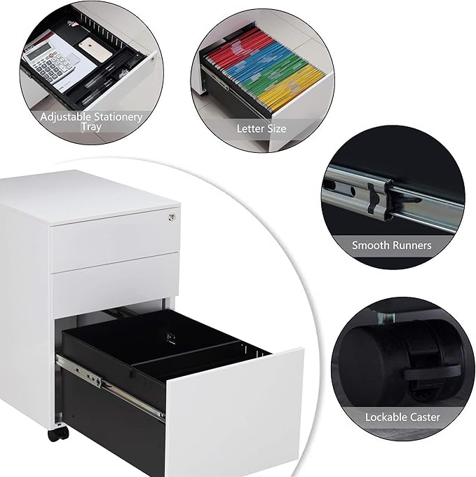 3 Drawer File Cabinet with Lock, Steel Mobile Filing Cabinet on Anti-tilt Wheels, Rolling Locking Office Cabinets Under Desk for Legal/Letter Size (White)