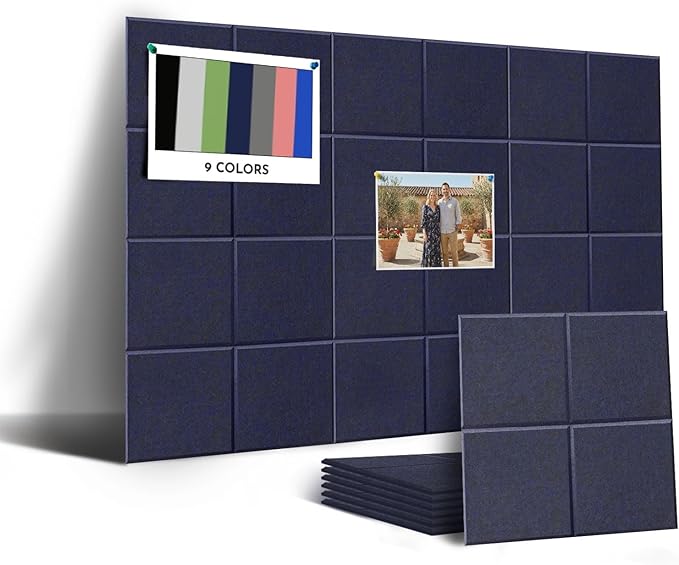 MISSDAY Blue Acoustic Wall Panel Felt Bulletin Board 24" x 36" Cork Board for Wall, 6-Pack Boards with 36 Removable Adhesive Tabs, 50 Pushpins, Pin Board for Home Office Classroom Soundproof Tiles