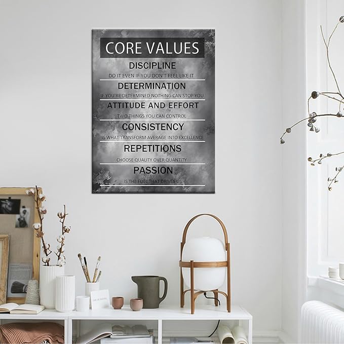 Inspirational Wall Art Core Values Motivational Poster Print Black and White Positive Painting Artwork Framed for Home Living Room Office Wall Decor Ready to Hang [18''Wx24''H]