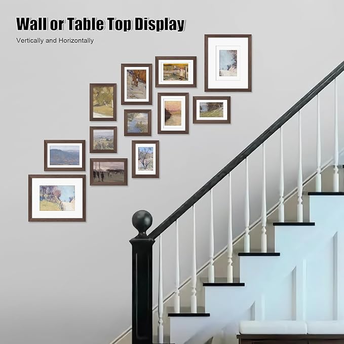Egofine Picture Frame Set 12 Pack, Picture Frames Collage Wall Decor with Two 8x10, Four 5x7, Four 4x6, Two 4x4 for Wall and Tabletop, Made of Solid Wood, Covered by Plexiglass, Rustic Brown