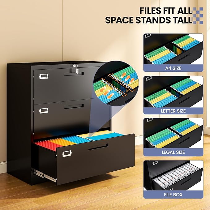Metal 3 Drawer Lateral File Cabinet with Lock, Wide&Deep Black Filing Cabinet for Letter/Legal/F4/A4 Hanging Files, Includes Business Card Holder, Home Office School Storage
