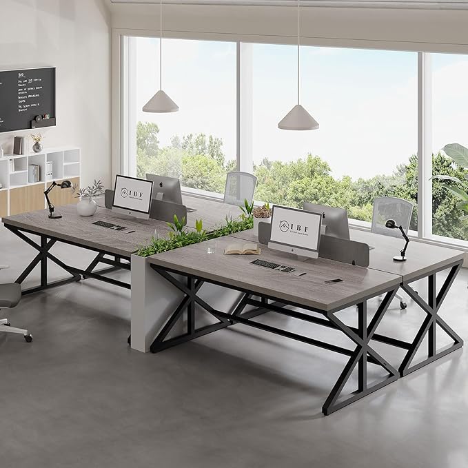 IBF 60” Grey Computer Office Desk, Modern Large Gray Office Desk for Home, Industrial Long Wood Metal Pc Work Writing Desks, Farmhouse Simple Study Executive Computer Table with Storage, Light Grey