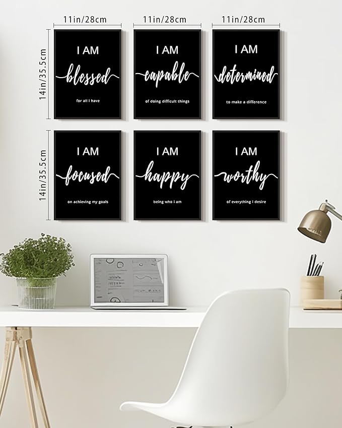 KUVIOKE Inspirational Wall Decor Motivational Quotes Framed Wall Art Encouraging Office Affirmations Sayings for Kids Classroom Bedroom Living Room Ready to Hang Set of 6, 11x14in (Black Framed)