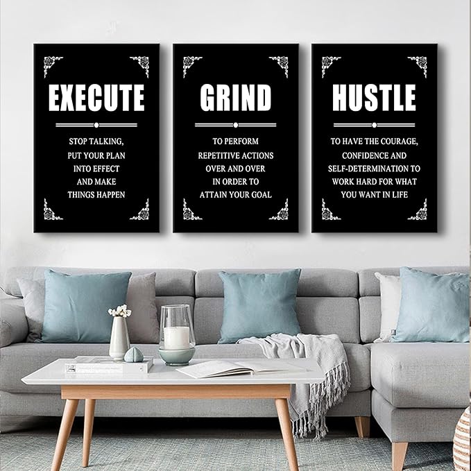 3 Pieces Inspirational Canvas Wall Art Entrepreneur Positive Quotes Poster Print Execute Grind Hustle Motivational Office Wall Decor Suitable for Bedroom Classroom Stretched and Framed [72''Wx 36''H]