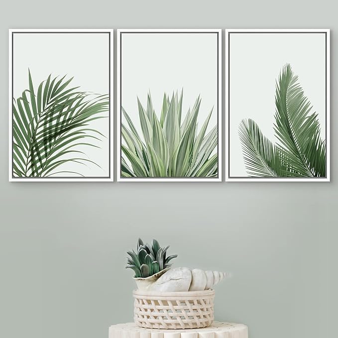 SIGNFORD Framed Canvas Print Wall Art Set Rustic Green Retro Tropical Jungle Plants Nature Wilderness Photography Modern Minimal Scenic Relax/Calm for Living Room, Bedroom, Office - 24"x36"x3 White