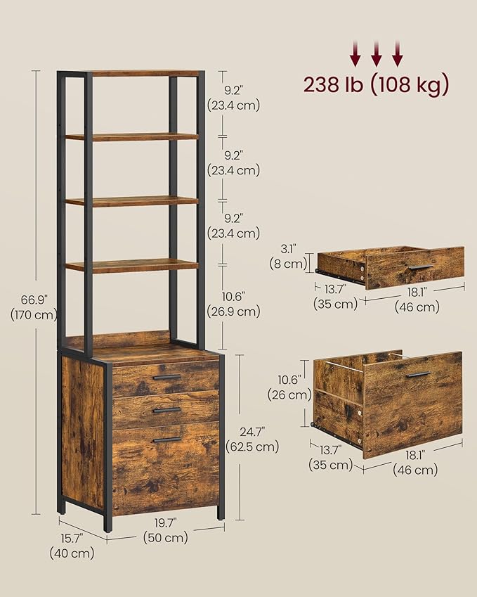 VASAGLE File Cabinet, Home Office Filing Cabinet with Height-Adjustable Open Shelves, 3 Drawers, for A4, Letter-Size Hanging File Folders, Steel Frame, for Home Office, Rustic Brown UOFC078B01
