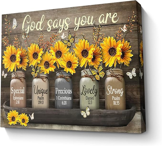 Parylore Vintage Sunflower Wall Art Canvas Christian Scripture Decor Print God Says You Are Painting Framed Modern Artwork For Living Room Bedroom Bathroom Office Home 16x20 In