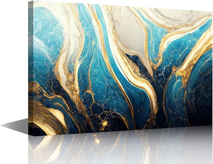 Modern Canvas Wall Art for Office 1 Panel Abstract Marble Art Poster Turquoise Gold and White Colors Picture Prints for Native Americans Living Room Home Wall Decor Stretched Ready to Hang 36x24 in