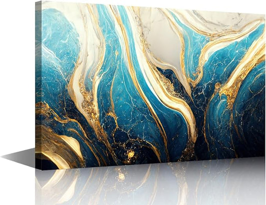 Modern Canvas Wall Art for Office 1 Panel Abstract Marble Art Poster Turquoise Gold and White Colors Picture Prints for Native Americans Living Room Home Wall Decor Stretched Ready to Hang 36x24 in