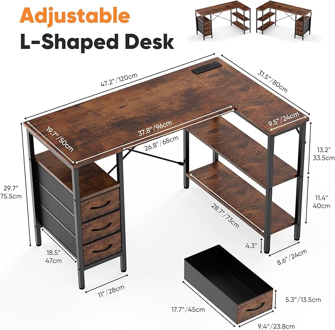 DUMOS L Shaped Desk with Shelf Drawers 47 Inch, Brown Corner Computer Desks Gaming with Power Outlet, Study Table with Adjustable Shelves, Home Office Tables for Bedroom Teacher Reading Writing