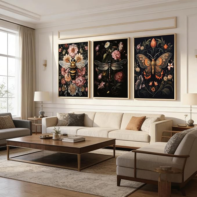 3pcs Dark Floral Wall Art Vintage Butterfly Dragonfly Bee Painting Picturts Wall Decor Gothic Dark Academia Aesthetic Posters Print Artwork for Bedroom Living Room Home Decoration 12x16in Unframed