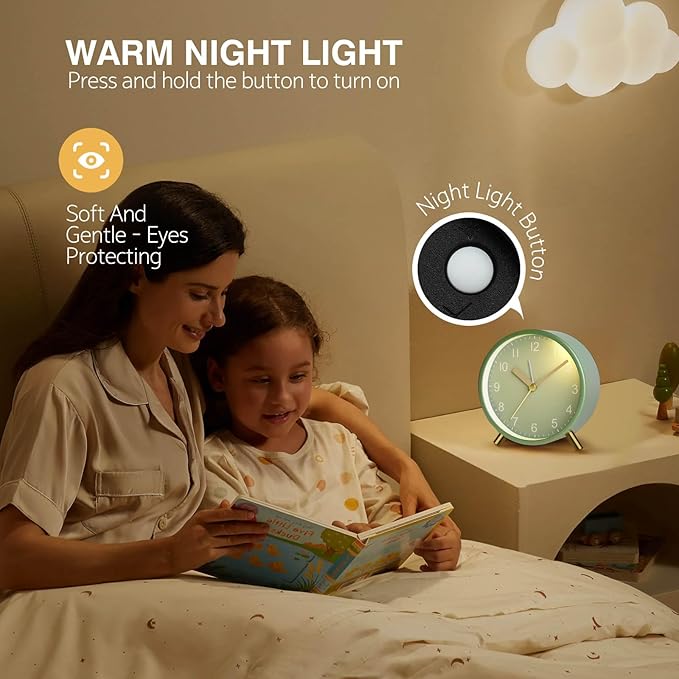 Analog Alarm Clock, Super Silent Non Ticking with Night Light, Battery Operated, Bedroom Clock,Fashionable Round Metal Alarm Clock for Office, Elderly, Adults, Children, School Gift