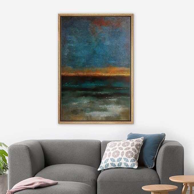 SIGNWIN Framed Canvas Print Wall Art Orange Ocean Horizon at Sunset Abstract Wilderness Illustrations Modern Art Modern Scenic Relax/Calm Ultra for Living Room, Bedroom, Office - 16"x24" Natural
