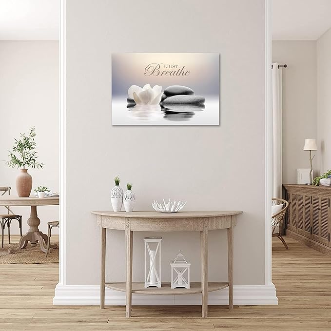 Zen Stone Canvas Wall Art Just Breathe Yoga Quotes Poster for Spa Decor White Lotus Flower Pictures Prints for Bathroom Modern Spiritual Artwork Framed (16 x 24inches)