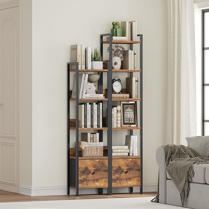 Bookshelf, 6-Tier Bookcase with Drawer, Small Book Shelf for Small Space, Storage Shelf Organizer, for Living Room, Bedroom, Study, Kitchen, Rustic Brown and Black BKHR66101