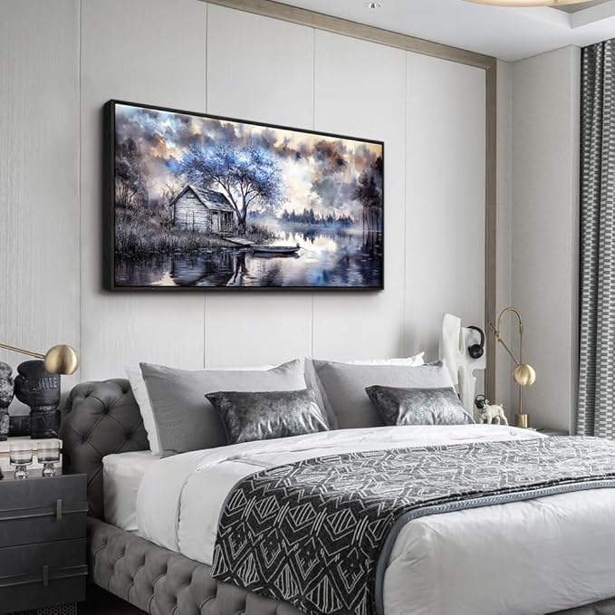 ERQINHUA Wall Art For Living Room Canvas Wall Decor For Bedroom Office Decoration Blue Tree Lakeside Landscape Painting Art Print Modern Beach Posters Ready To Hang Home Decor Black Frame 20"x40"