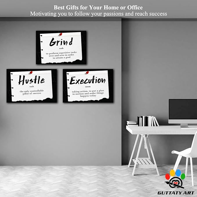 Office Wall Art - 3 Panel Motivational Wall Art, Inspirational Quotes Canvas Art for Home Office Wall Decor, Positive Quotes Wall Decor, Entrepreneur Grind Hustle Execution Poster Frame (20”x30”x3Pcs)