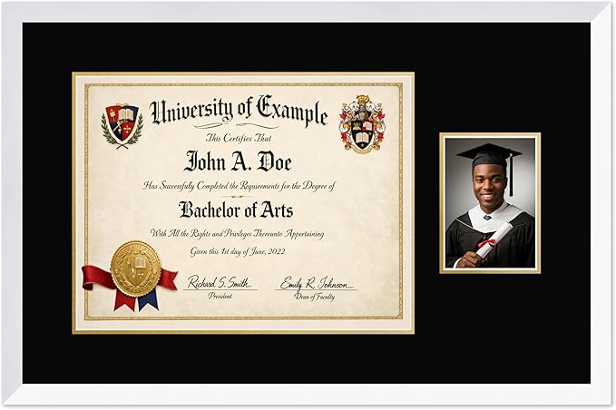 CountryArtHouse Fits 17 x 13 International Diploma and 5 x 7 Photo Diploma and Photo Frame Bright White Genuine Hardwood with Black Over Metallic Gold Double mat