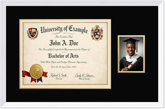CountryArtHouse Fits 17 x 13 International Diploma and 5 x 7 Photo Diploma and Photo Frame Bright White Genuine Hardwood with Black Over Metallic Gold Double mat
