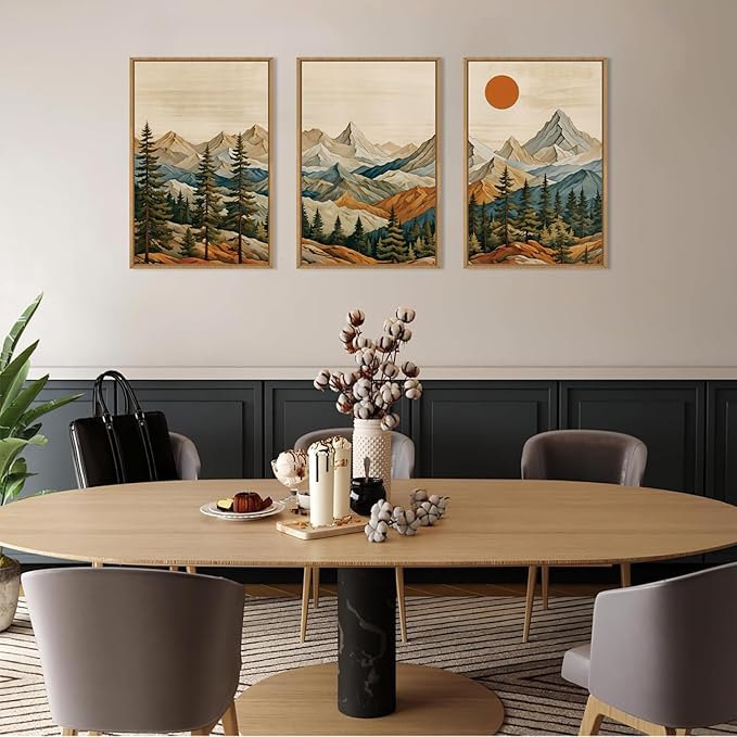 Ausril Boho Woodcut Mountain Framed Canvas Wall Art Set, Woodcut Pine Tree Wall Decor, Brown Wooden Forest Wall Painting, Vintage Mountain Sunrise Art Print for Living Room, Bedroom, Office 16"X24"X3