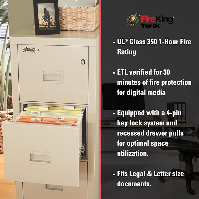 FireKing Turtle Vertical 2 Drawer Legal and Letter Fire Safe File Cabinet with Key Lock, 1 Hour Fire Rated, UL Rated & Water Resistant Home Safe, Filing Cabinet, Made in The USA, Platinum