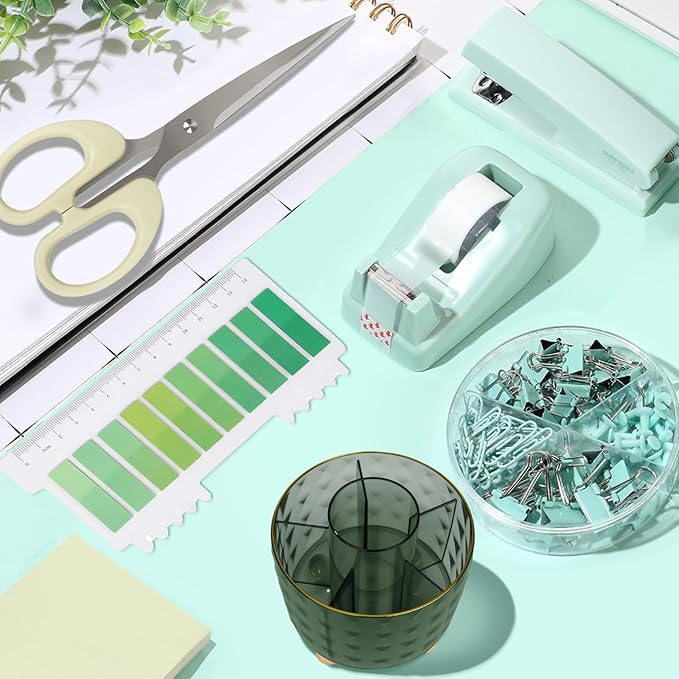 RAWILL Green Office Desk Accessories,10 Pcs Sage Green Desk Organizer Set,360° Rotating Pen Holder,Tape Dispenser,Staple Remover,Scissors,Stapler,Sticky Notes,Memo Pads,Adhesive Tape,Gifts for Office