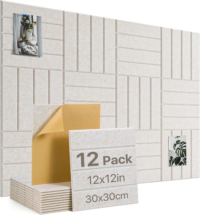 Large Cork Board, 12 Pack 12"X12"X0.4" Felt Bulletin Board Tiles with Self Adhesive for Wall Home Office Decor, Pin Cork Boards-Light Camel