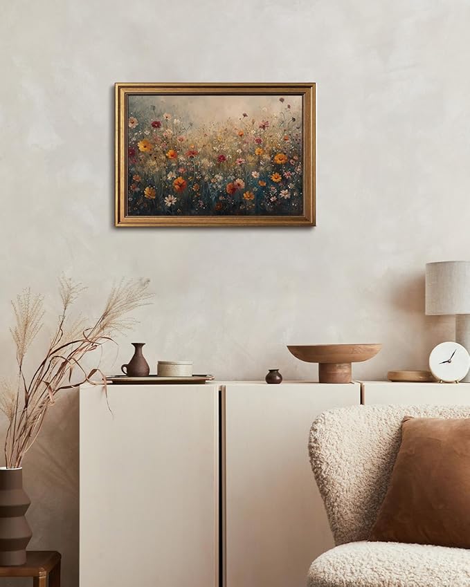 Gold Framed Wall Art Vintage Flower Canvas Wall Art Nature Landscape Flower Wildflower Artwork Prints Picture for Living Room Bedroom Farmhouse Bathroom Office Decor, 16x24
