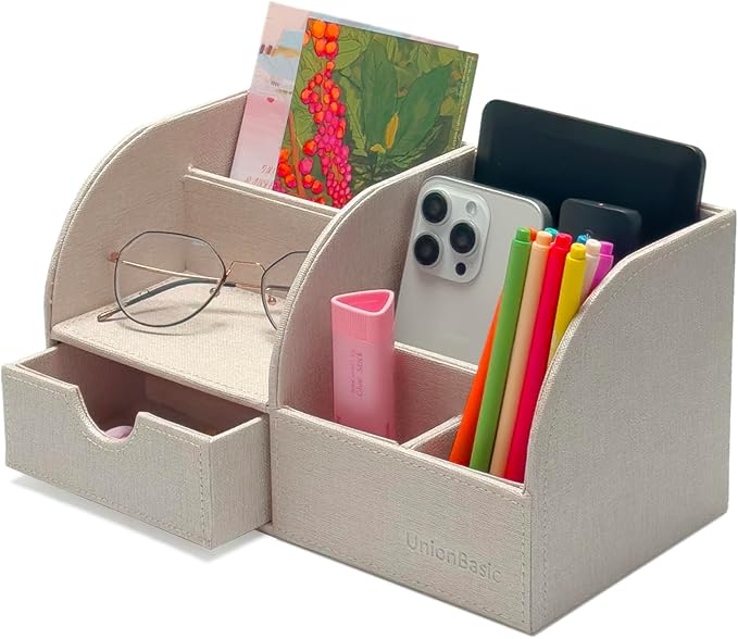 UnionBasic Desk Organizer - Multifunctional Leather Desktop Pen Holder Storage Box - Business Card/Pen/Pencil/Mobile Phone/Stationery Holder, Beige
