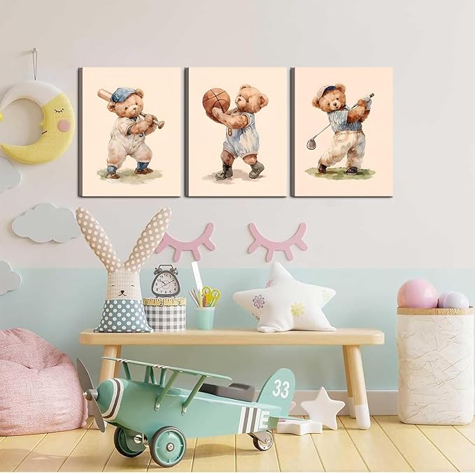 Teddy Bear Sports Nursery Animal Canvas Wall Art Cute Woodland Rugby Wall Decor Pictures Vintage Basketball Baseball Kids Room Poster Prints for Boys Room Bedroom Playroom Decorations16x24in canvas