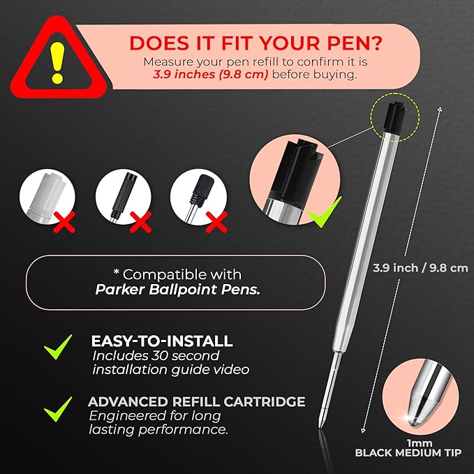 MESMOS 6 Pack 3.9 inch (9.8cm) Pen Refills Ballpoint, Compatible with Ballpoint Parker Pen, (Black Ink)