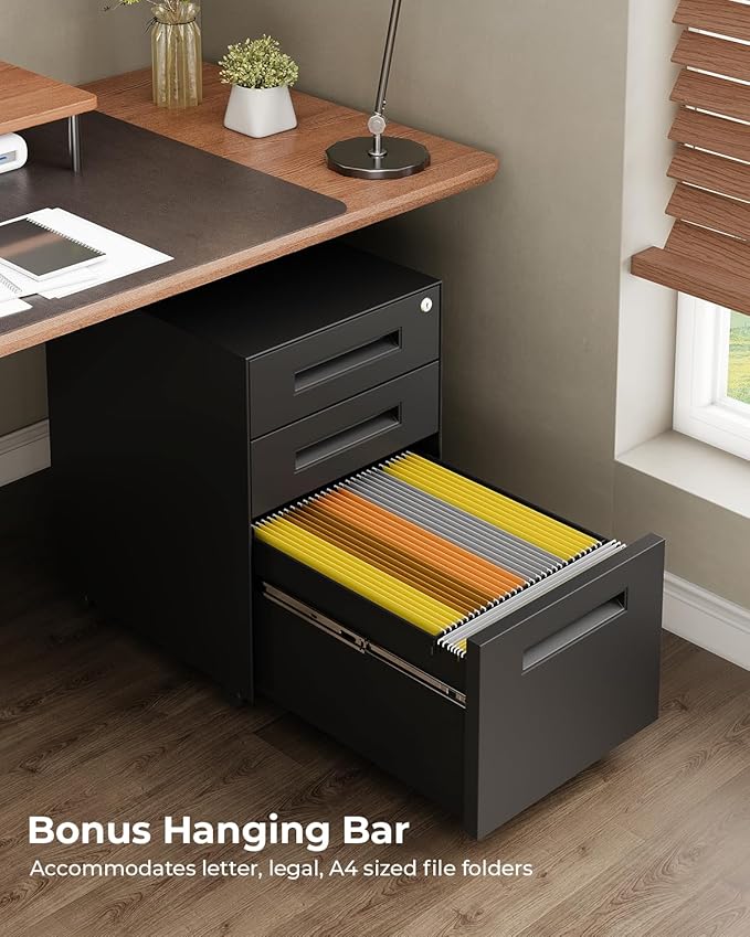 Dripex 3 Drawer File Cabinet, Mobile File Cabinet with Lock on Wheels, Letter/Legal Size, Fully Assembled, Modern Small Short Vertical Metal Rolling Filing Cabinets Under Desk for Home Office (Black)