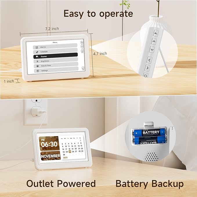 Raynic Digital Clock, 7" Digital Calendar Day Clock for Seniors, Dementia Clock with 20 Custom Alarms & Reminders,12 Themes, Auto DST, Dimmable Dementia Alzheimer's Clock for Elderly