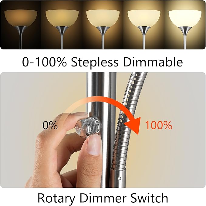 Floor Lamp, Dimmable Standing lamp, Stepless Dimming Brightness, Included 9W and 5W LED Bulbs, Industrial Floor Lamp for Living Room, Bedroom, Office, Reading