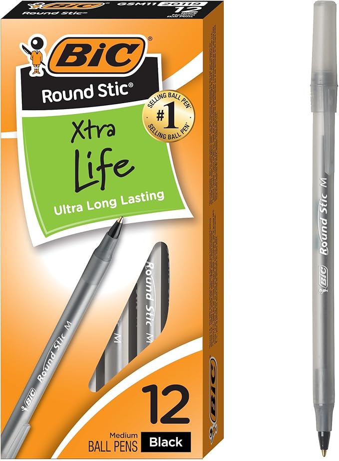 BIC Round Stic Xtra Life Black Ballpoint Pens, Medium Point (1.0mm), 12-Count Pack of Bulk Pens, Flexible Round Barrel for Writing Comfort, No. 1 Selling Ballpoint Pens