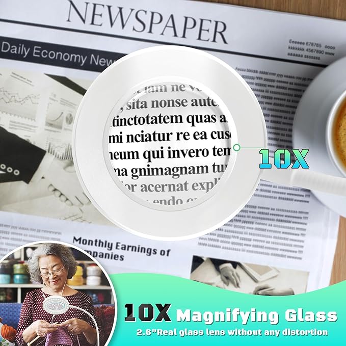 10X Magnifying Glass with Light, Clip on Mganifier with Light, 48 LED Desk Magnifying Glass wtih Clamp, 3 Modes Dimmable Magnifying LED Lamps for Bed Work Crafts DIY Repair White